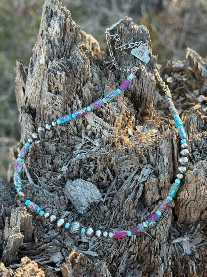 Corrugated Silver Pearl and Jasper Barrel Bead Necklace for wholesale by Wild Junkie