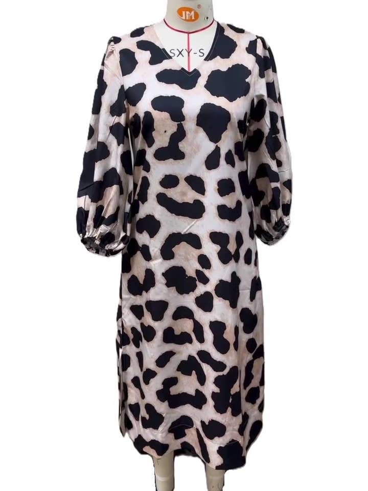 Chic Leopard Print V-Neck Batwing Sleeve Dress for wholesale on Faire4