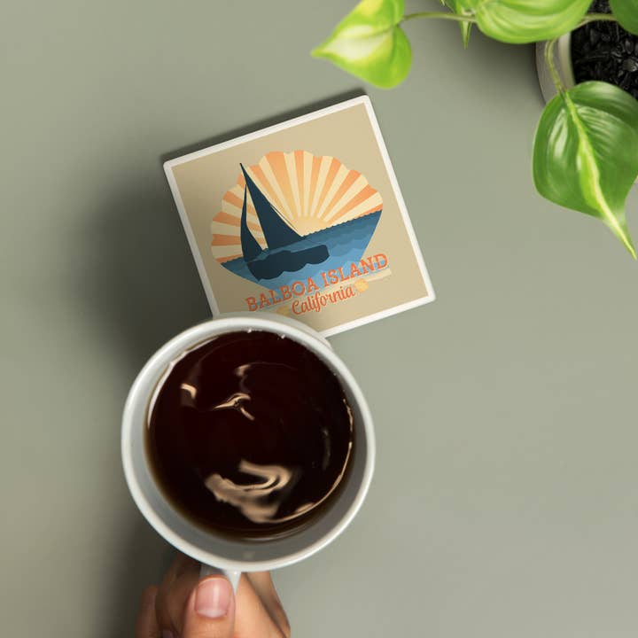 Lantern Press - Wholesale Coasters - Ceramic Coaster Balboa Island, California, Beach Scene wi…1