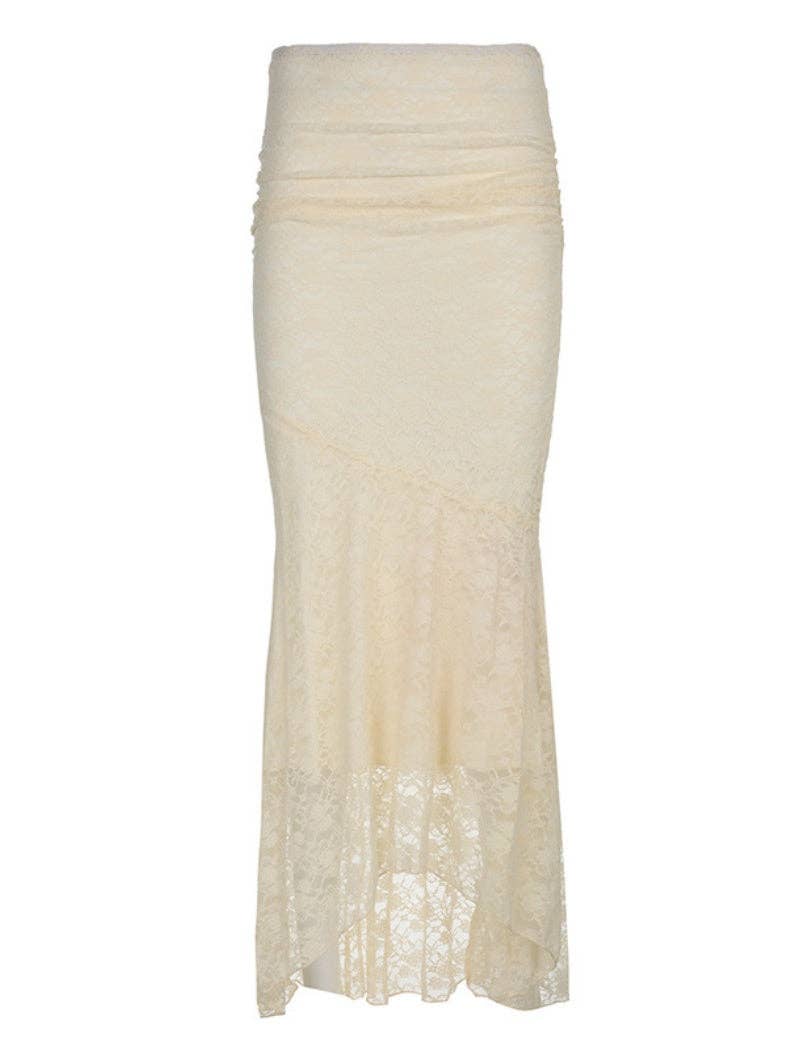 BEIGE Sheer Lace Flare Maxi Skirt for wholesale on Faire0