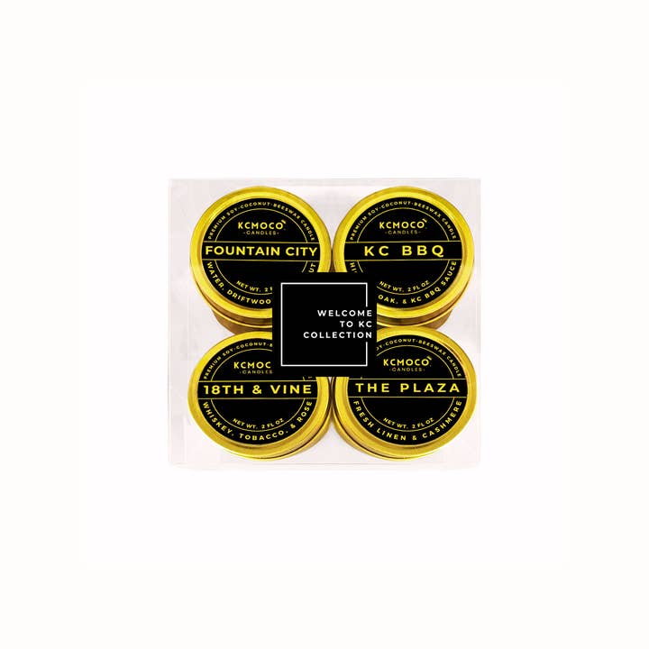 "WELCOME TO KC" CANDLE COLLECTION - 2 OZ MINI TRAVEL TIN GIFT SET for wholesale by KCMOCO. Candles