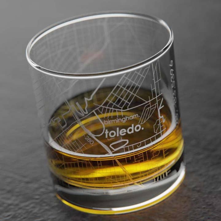 Well Told - Wholesale Cocktail/Liquor Glass - Toledo, OH City Map - Etched Whiskey Rocks Glass2