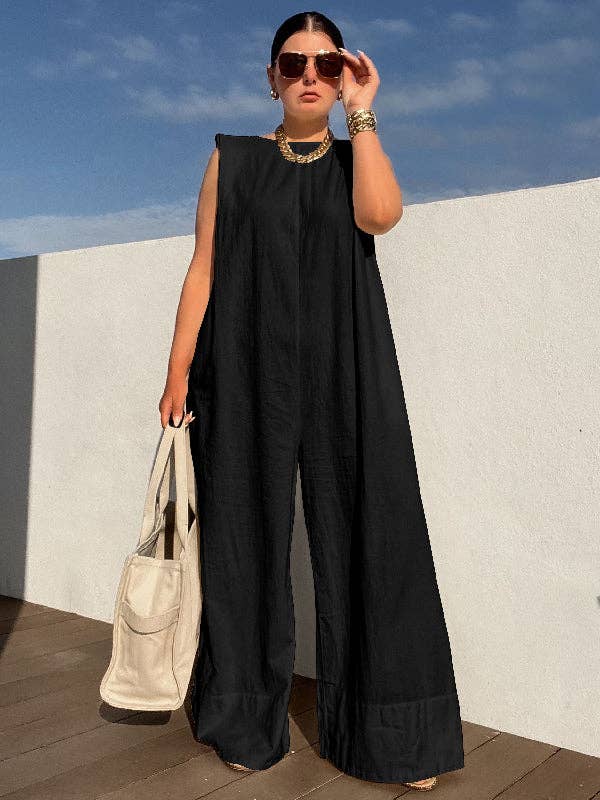 UZ Wholesale Store - Wholesale Jumpsuit - Dames - Mouwloze jumpsuits met wijde pijpen in effen kleur0