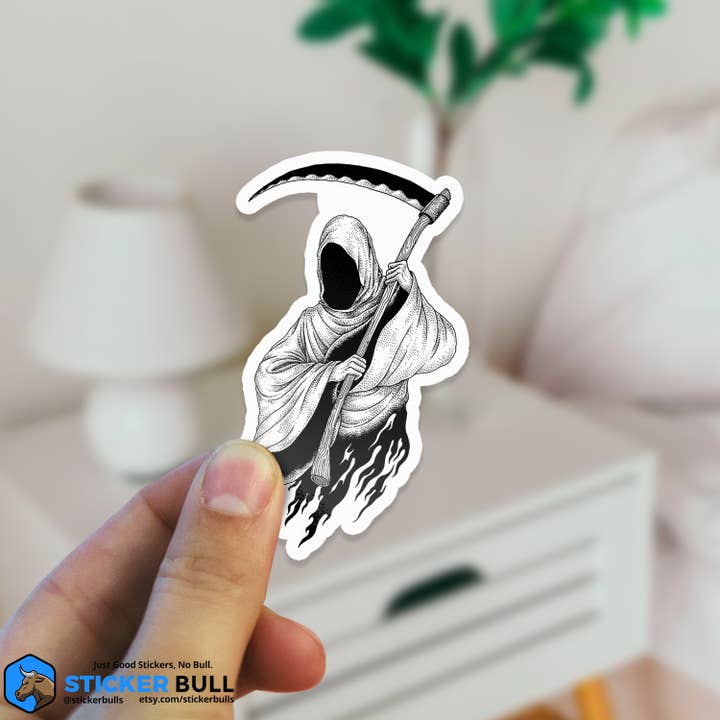 Sticker Bull - Venta al por mayor Pegatina - Pegatina vintage de Grim Reaper en blanco y negro2