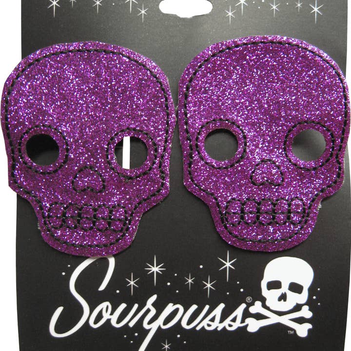 Square Deal Recordings & Supplies - Wholesale Hair Clip - Women's - Hair Clips - Sourpuss - Purple Glitter Skull - Set Of Two