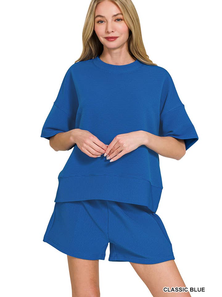42POPS - Wholesale Lounge Set - Women's - ....SI-27738 Ribbed Round Neck Waist Banded Tee & Shorts 2PC Set