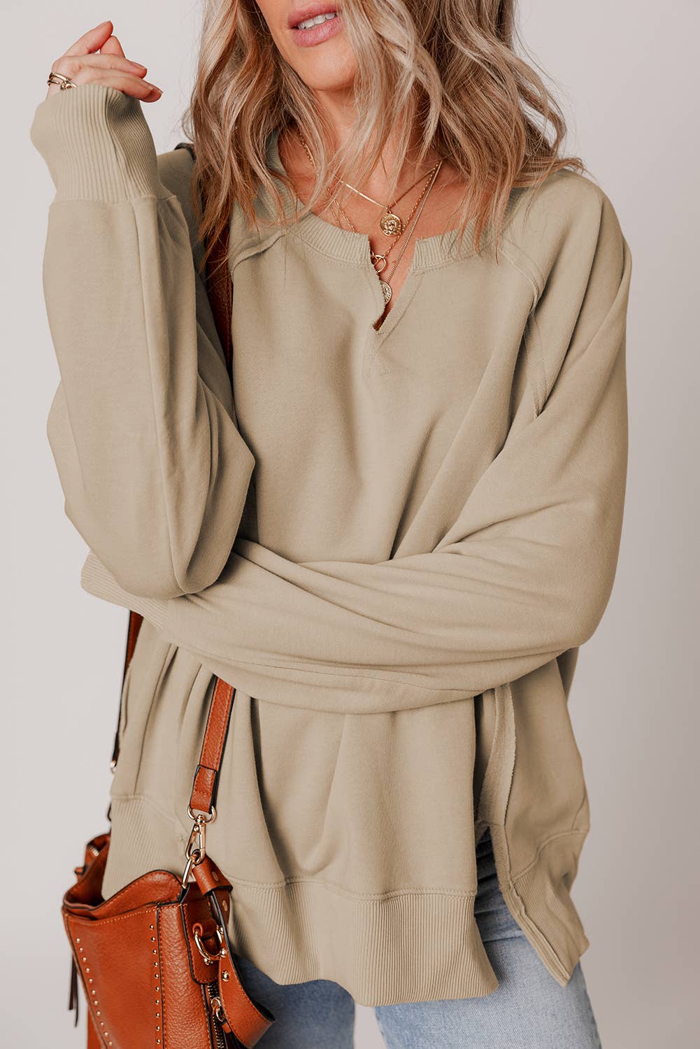 Parchment LDC Raw Edge Exposed Seam Raglan Sleeve Side Slit Sweatshirt for wholesale on Faire2