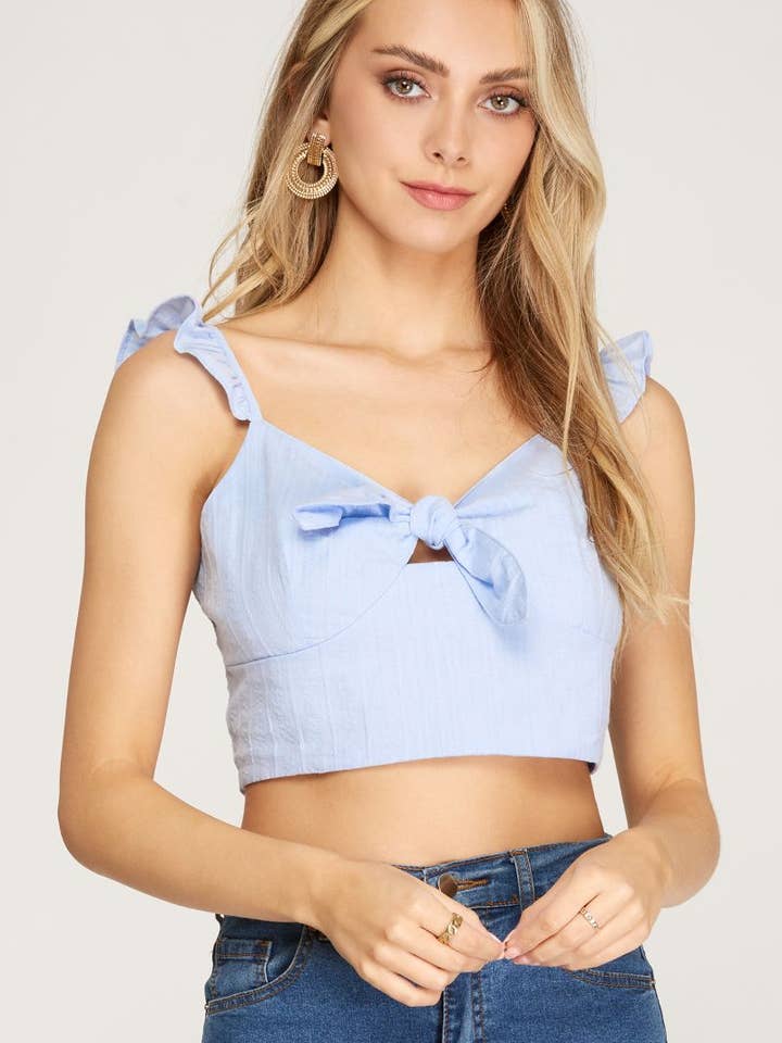 ICE BLUE JACQUARD FRONT-TIE RUFFLED WOVEN COTTON TOP SKSS8705 for wholesale by Stylish Wholesale