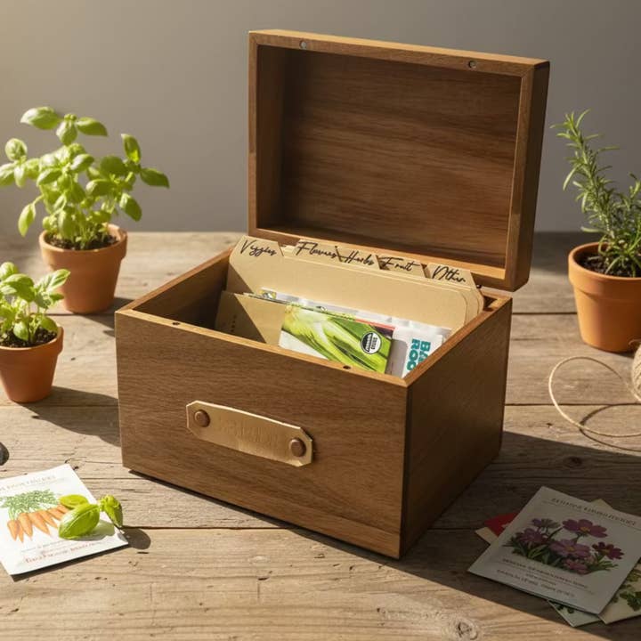 Seed Organizer Box – Acacia Wood Seed Storage with Leather Label, Personalized Garden Storage for wholesale by Sunny Grove