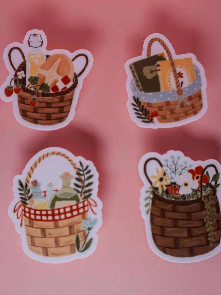 Whimsical Basket Sticker Pack – Cottagecore Picnic, Books, Flowers & Apothecary Bottles | Cute Matte Waterproof Vinyl Stickers for wholesale by Fern Hollow Co.