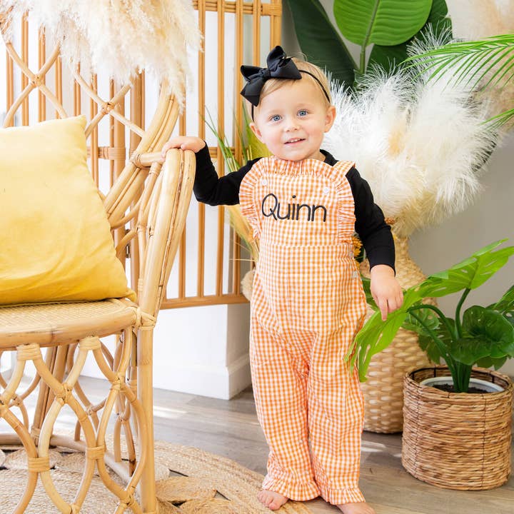 Love That Cotton - Wholesale Jumpsuit - Baby - Girls Ruffle Longall- ORANGE GINGHAM