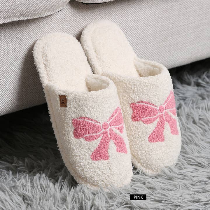 Pink Ribbon Bow Print Luxury Soft Home Slippers for wholesale on Faire