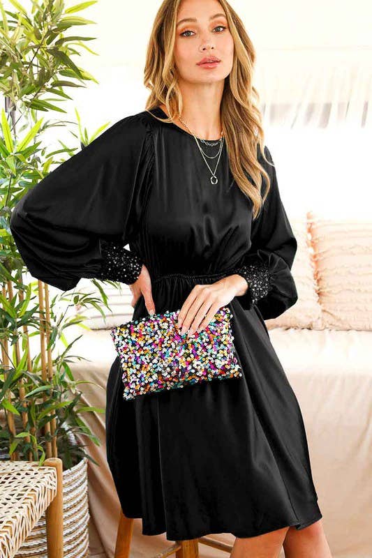 Vine & Love - Wholesale Dress - Women's - Sequin Detail Swing Satin Knee Dress VD8128518