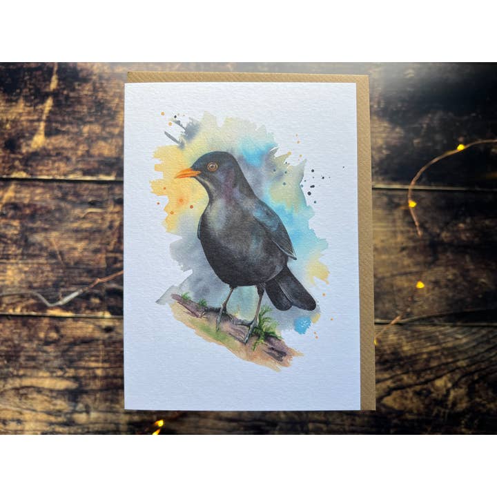 Blackbird watercolour greetings card for wholesale by Georgina Doodles