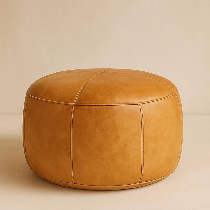Handmade Camel Brown Leather Pouf: Moroccan Boho Footstool for wholesale by Troussi