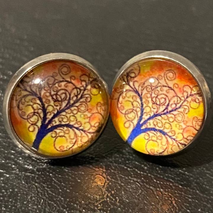 SMA Artistry Creations - Wholesale Stud/Post Earrings - 12mm Tree of life design glass cabochon stud earrings2