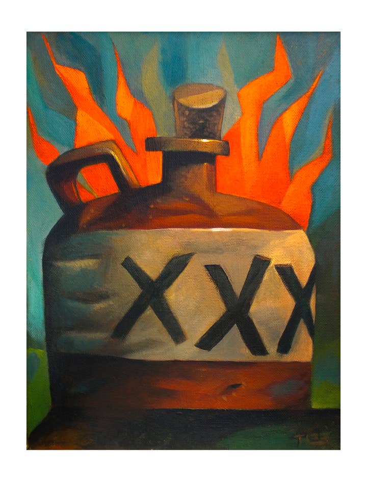 Firewater, carafe Moonshine avec impression artistique pour la vente par TIM LEE RABBIT RUN STUDIOS