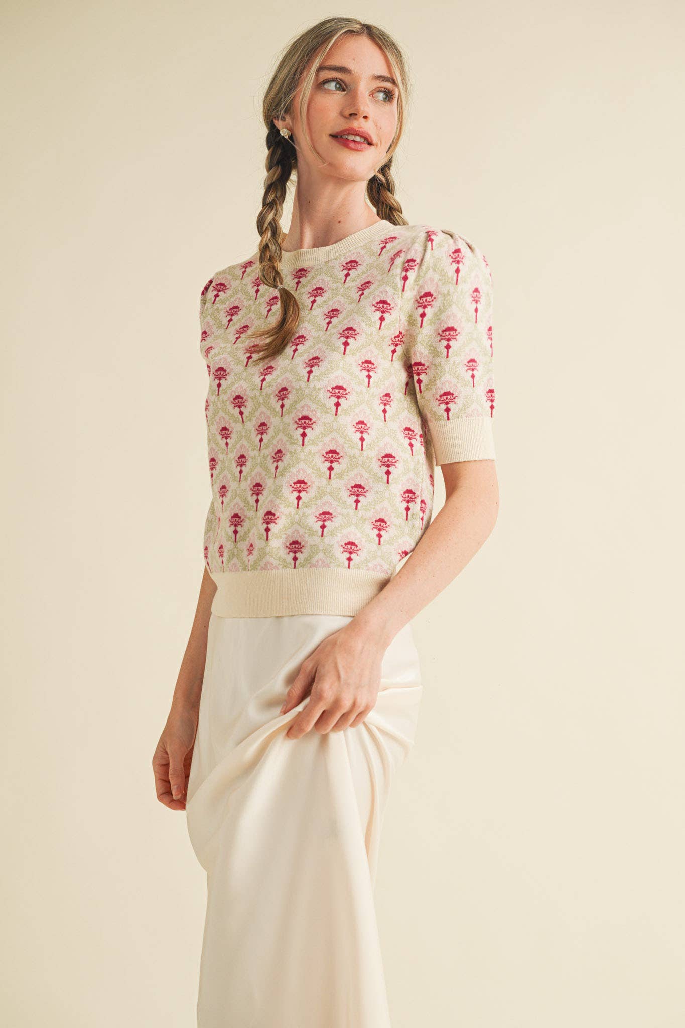 &MERCI - Wholesale Knit Sweater - Women's - FLORAL PATTERN SHORT SLEEVE SWEATER MSW1086033