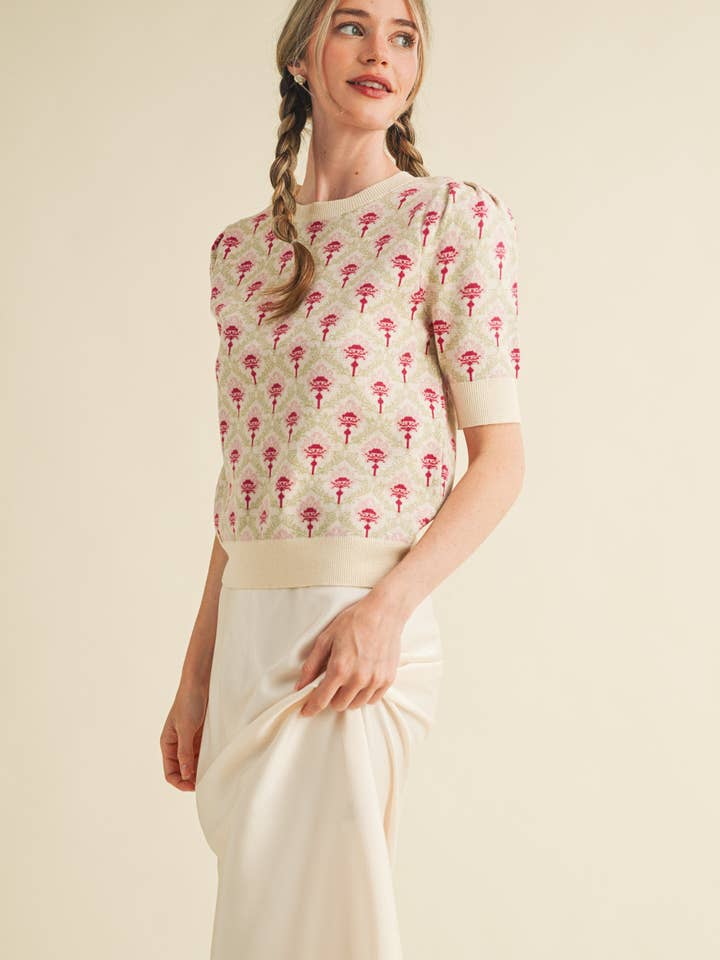 &MERCI - Wholesale Knit Sweater - Women's - FLORAL PATTERN SHORT SLEEVE SWEATER MSW1086033