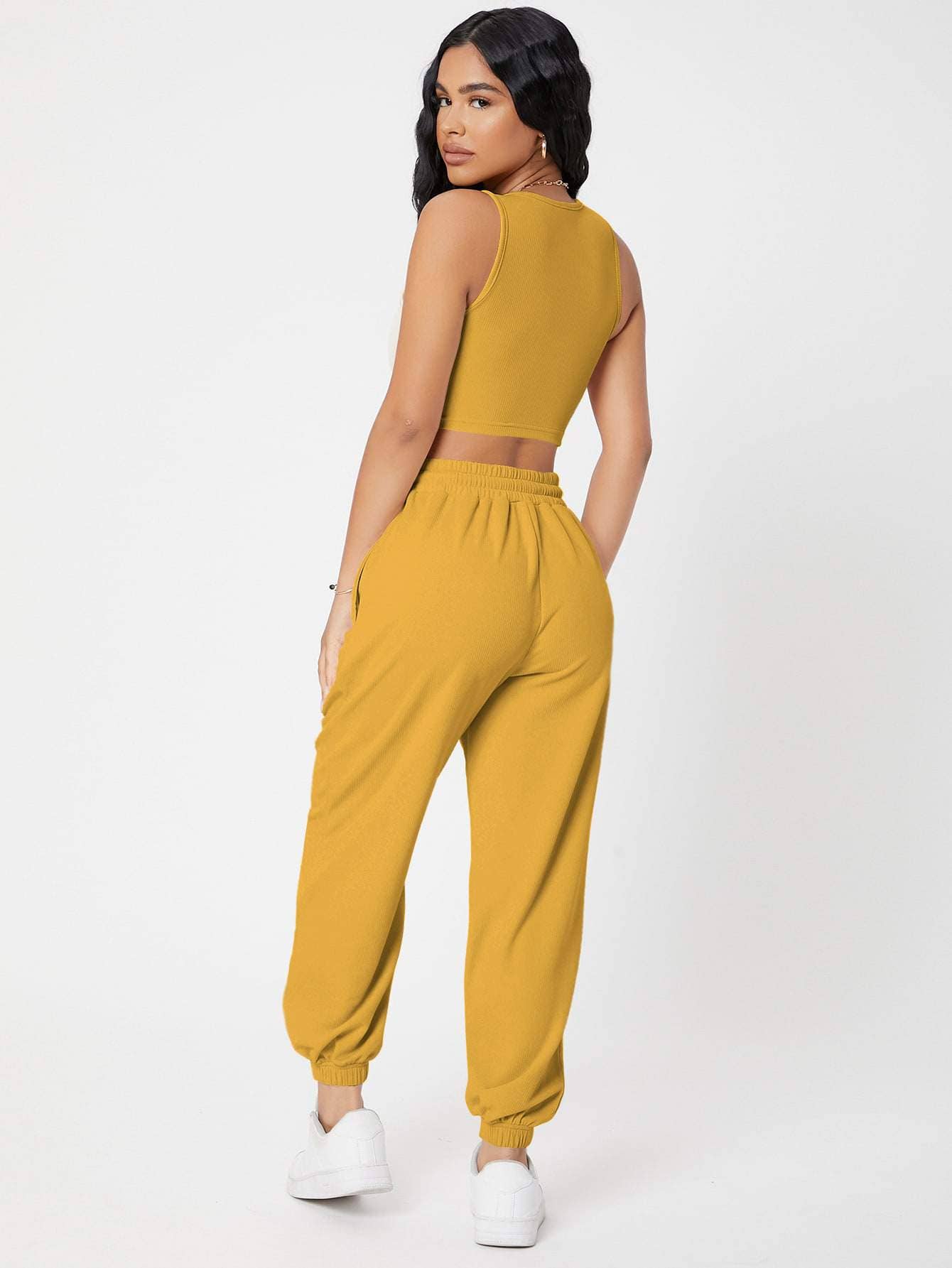 Fashion Combination - Wholesale Lounge set – Women's - petite solid crop tank top and joggers set6