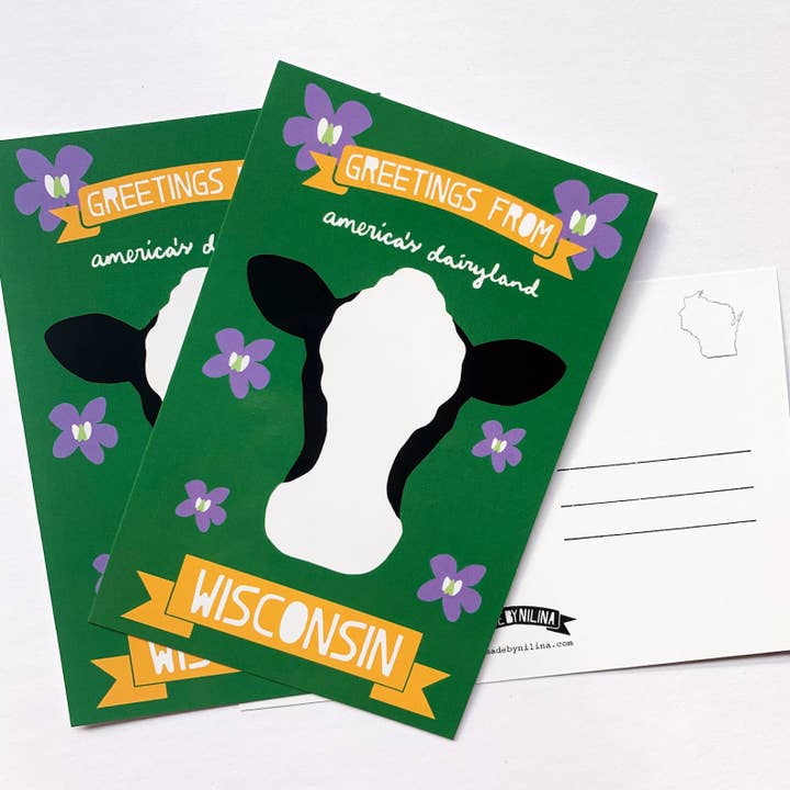 Carte postale souvenir représentant une vache du Wisconsin - Fromage, vaches laitières pour la vente par Made by Nilina