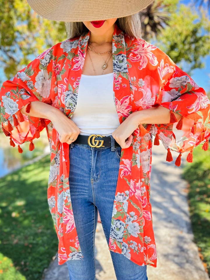 Coral Floral Print 3/4 Sleeve With Tassel Chiffon Kimono for wholesale on Faire