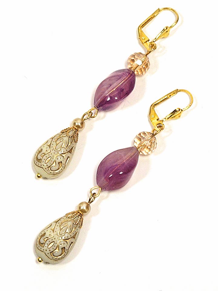 Gold Embossed Teardrop and Crystal Long Boho Dangle Earrings - Ivory and Violet Purple for wholesale by Chic Brico