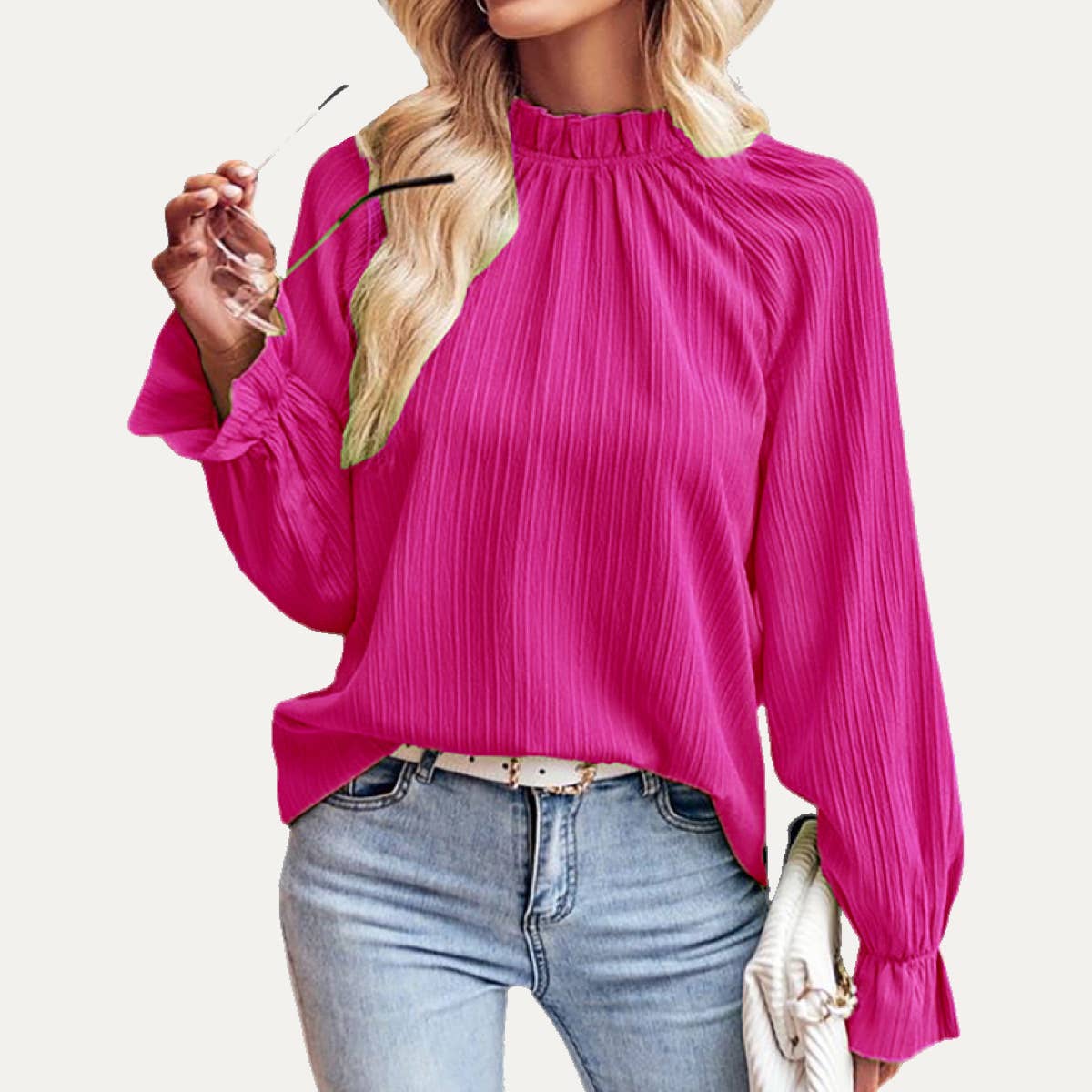 The Moment Collection – Großhandel Bluse – Damen – Chic und texturiertes Langarmshirt mit Rüschen im Vintage-Look2