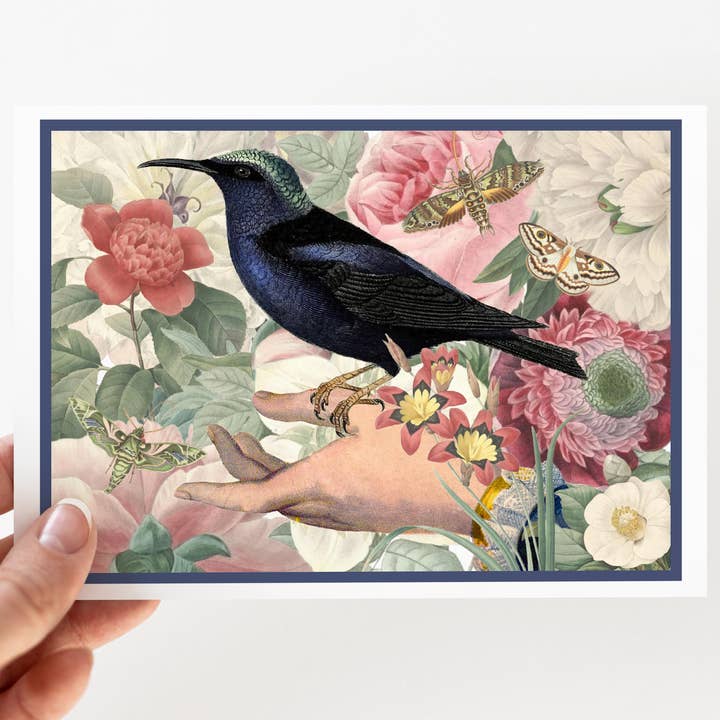 Greeting Card. Vintage Hand With Dark Bird In Florals. for wholesale by Cheerful Whimsies