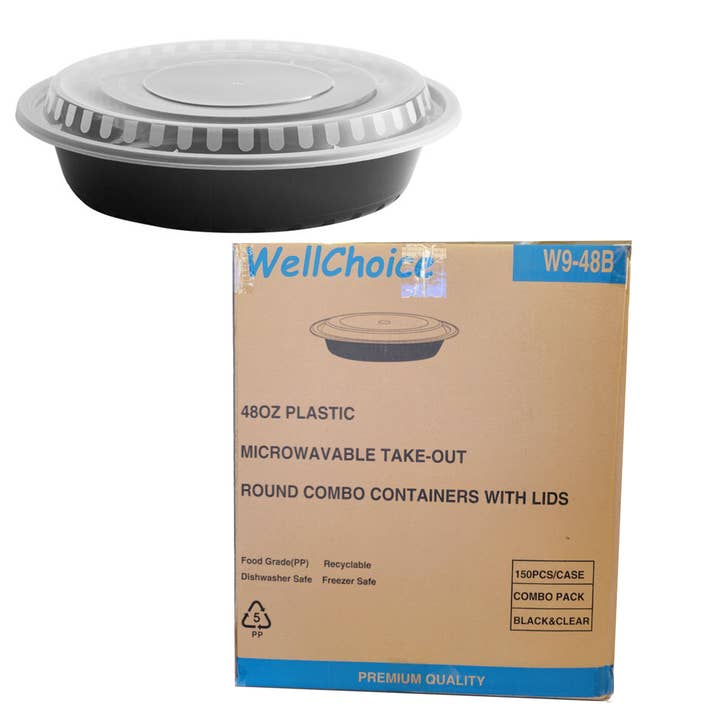 Récipient rond pour micro-ondes 48 oz avec couvercle- {240 pièces/caisse} pour la vente par Label & Decore