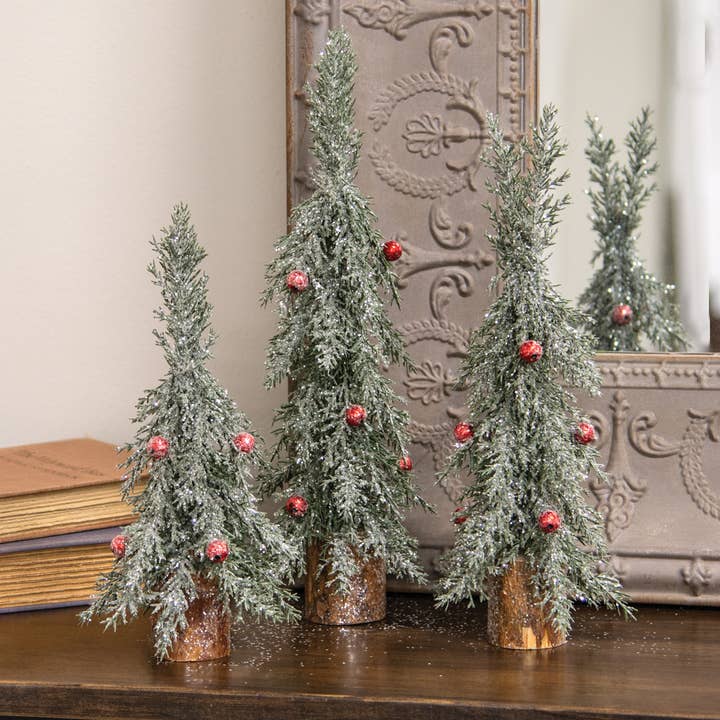 Col House Designs - Wholesale Christmas Decoration - Winter Frost Pine Tree w/Red Baubles - 10"H2