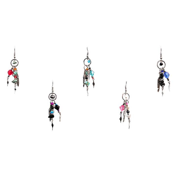 Chip Stone Hoop Crystal Feather Charm Beaded Dangle Earrings for wholesale by Pichincha