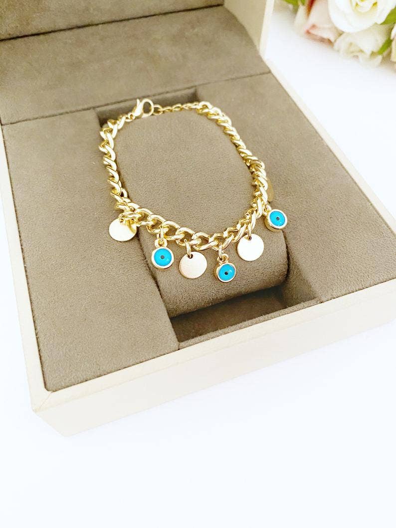 Evileyefavor - Wholesale Charm/Dangle Bracelet - Gold Evil Eye Bracelet, Gold Link Chain Bracelet, Mini Gold Disc Charm3