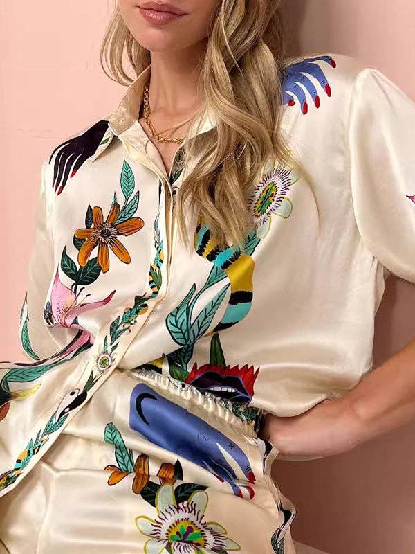 APRICOT Half Sleeves Loose Buttoned Flower Print Pockets Lapel T-Shirt Top + Drawstring Elasticity Pants Bottom Two Pieces Set for wholesale on Faire1