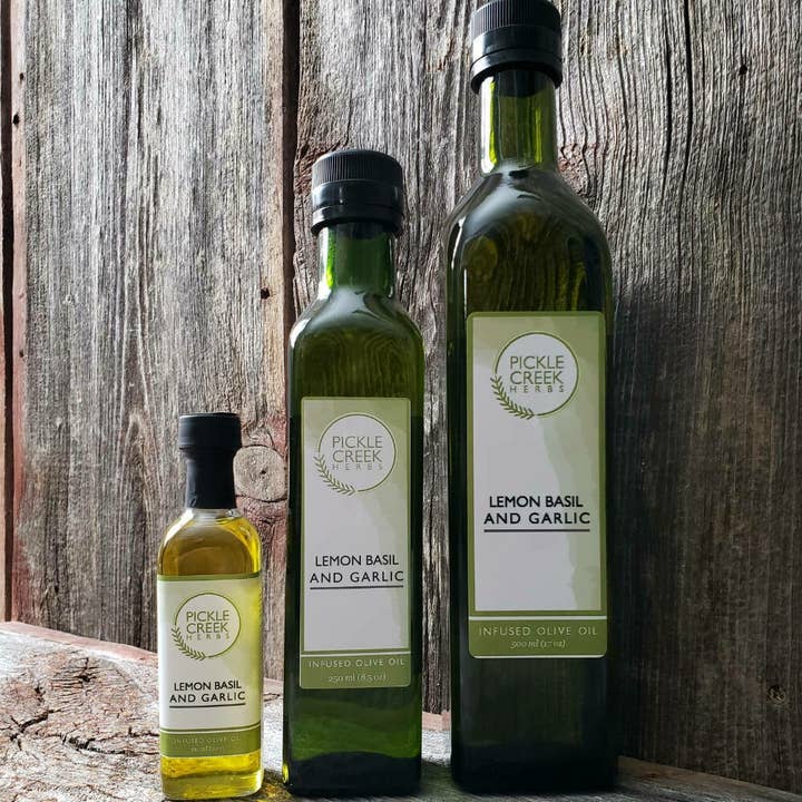 Lemon Basil and Garlic Infused Olive Oil for wholesale by Pickle Creek Herbs