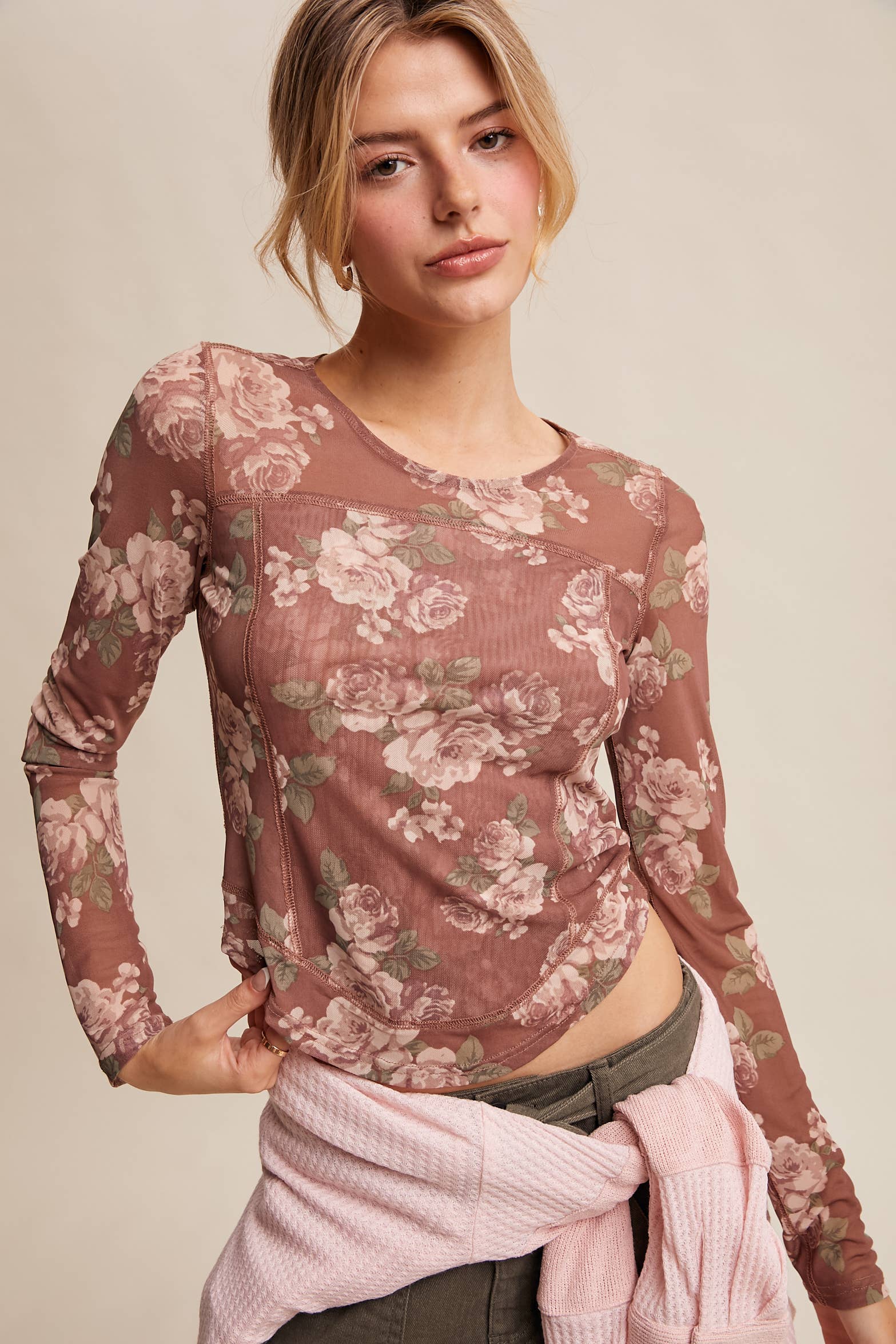 Listicle - Wholesale T-Shirt - Women's - Floral Mesh Long Sleeve Layering Top25