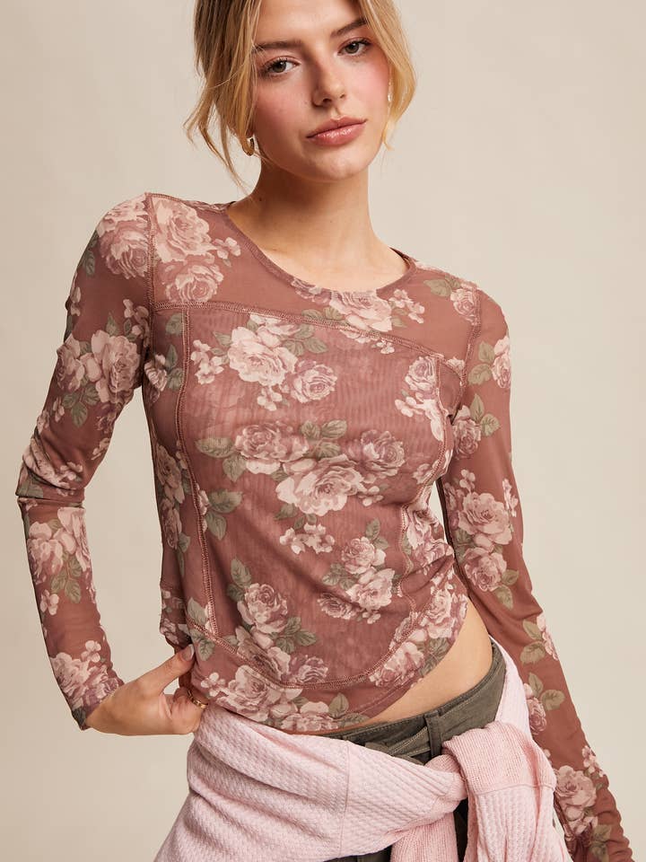 Floral Mesh Long Sleeve Layering Top LT1360 for wholesale by Listicle