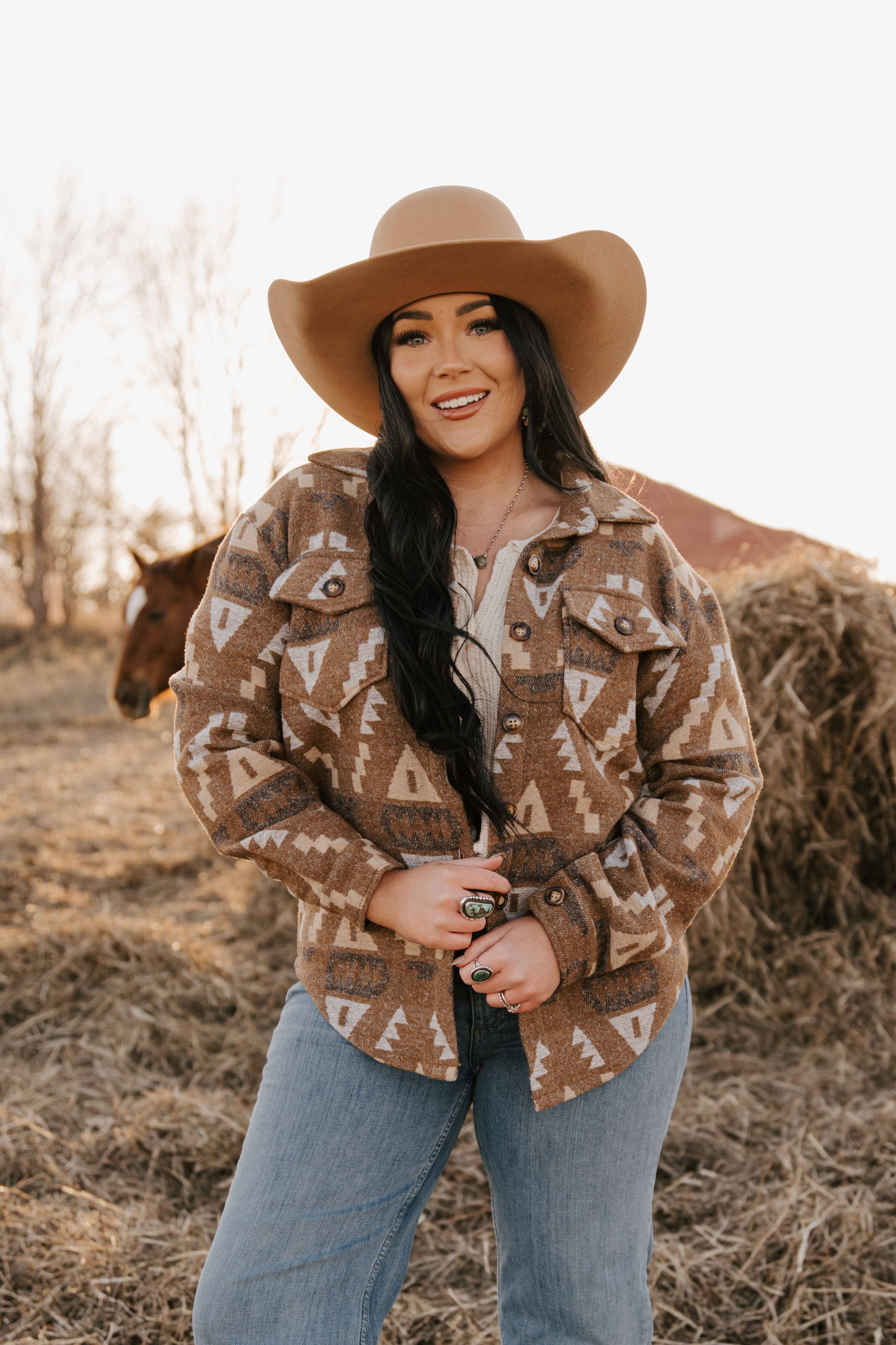 AZTEC BRUN Dame Aztec Skjortejakke med Vestlige Flap Brystlommer for engroshandel på Faire2