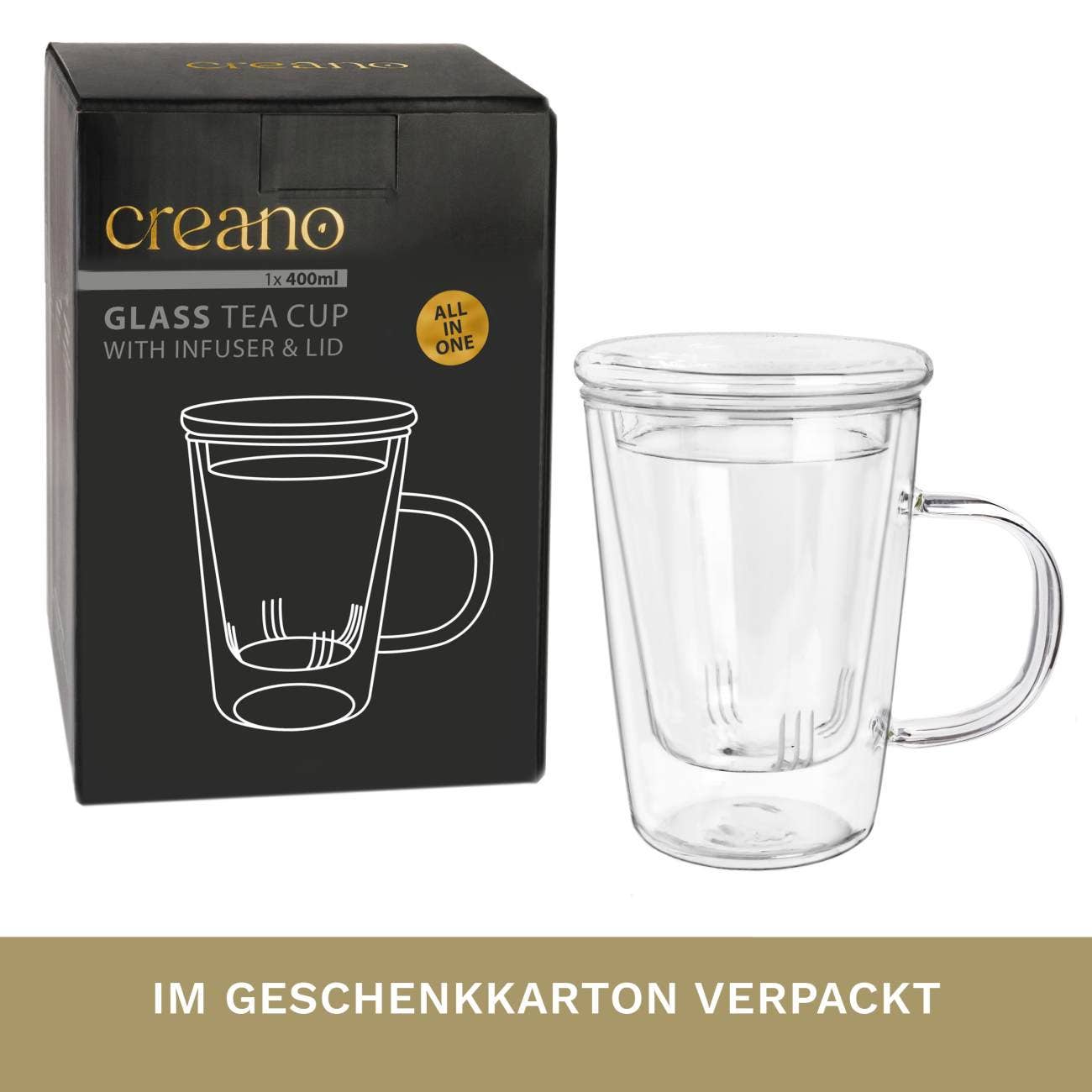 Creano - Wholesale Coffee/Tea Cup - Creano tea glass 400ml - glass tea cup, strainer & lid4