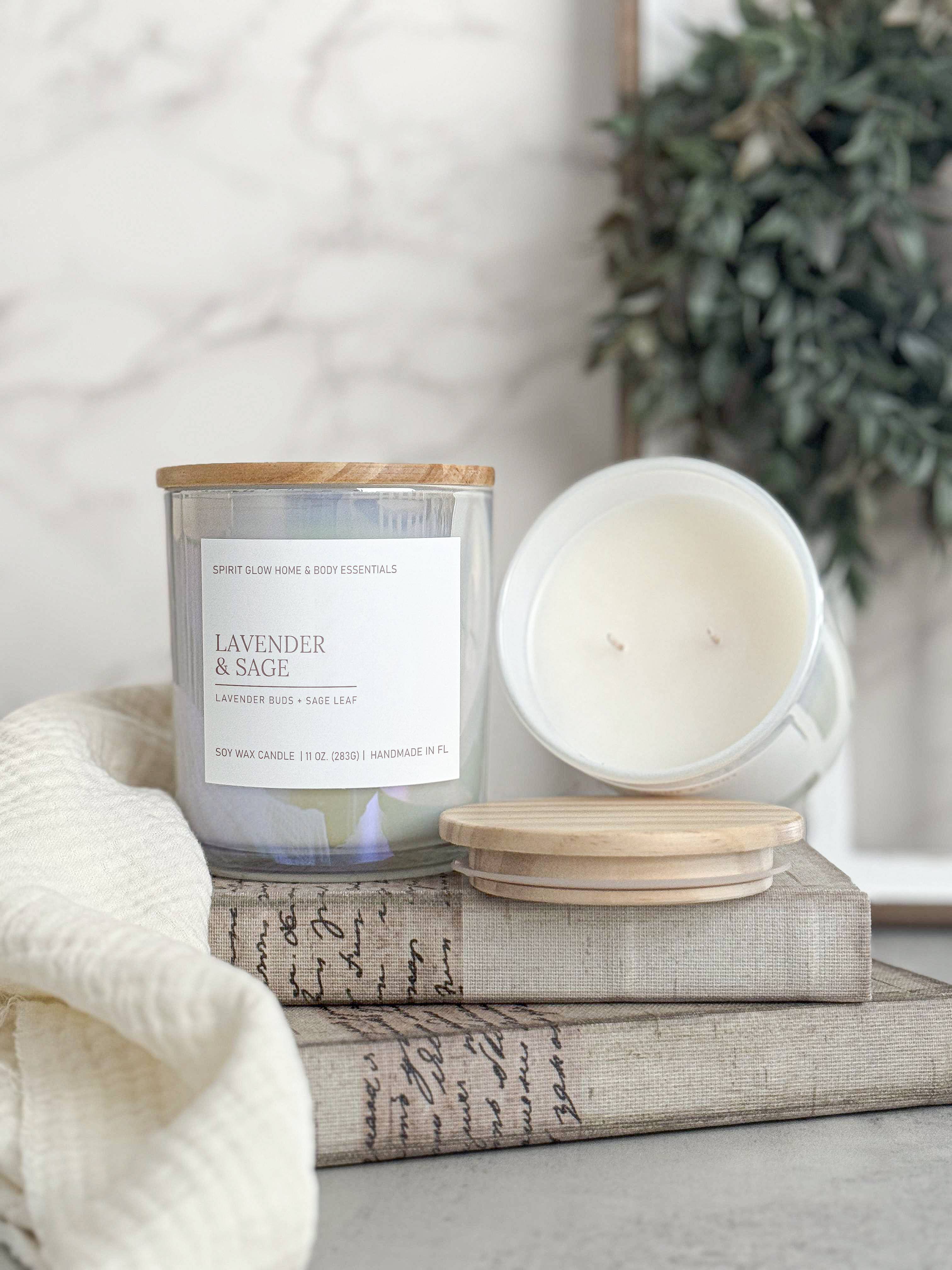 Spirit Glow Home & Body Essentials – wholesale Jar/filled candle – Lavender & Sage -11oz. Iridescent White Glass Soy Candle 1
