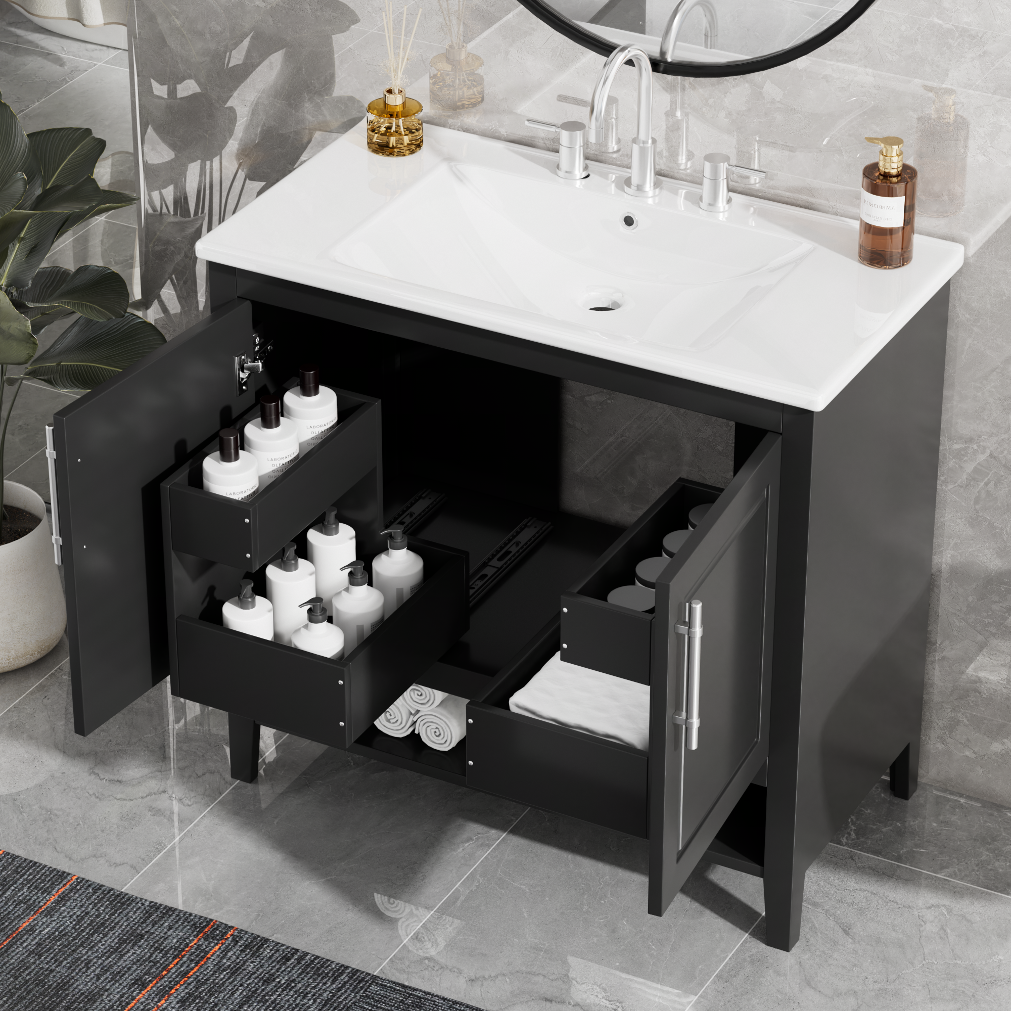 Orange County Decor - Wholesale Cabinet - 36" Bathroom Vanity With Sink, Multi Functional Bathroom Cabinet With Doors And Drawers, Mdf Frame And Mdf Board, Black Black Solid Wood Mdf7