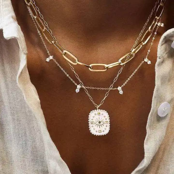 HoopLa - Wholesale Pendant/Charm Necklace - Evil Eye Forcate Double Side Amulet- Steel Necklace4