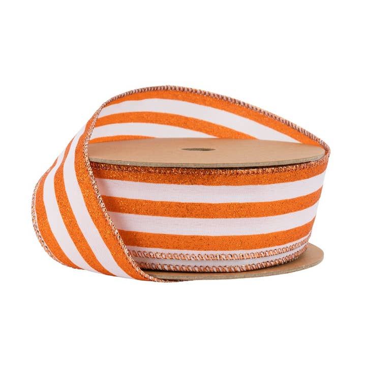 Trådbånd med orange glitrende nålestriber, 10 yard rulle for engroshandel hos LA Ribbons Wholesale