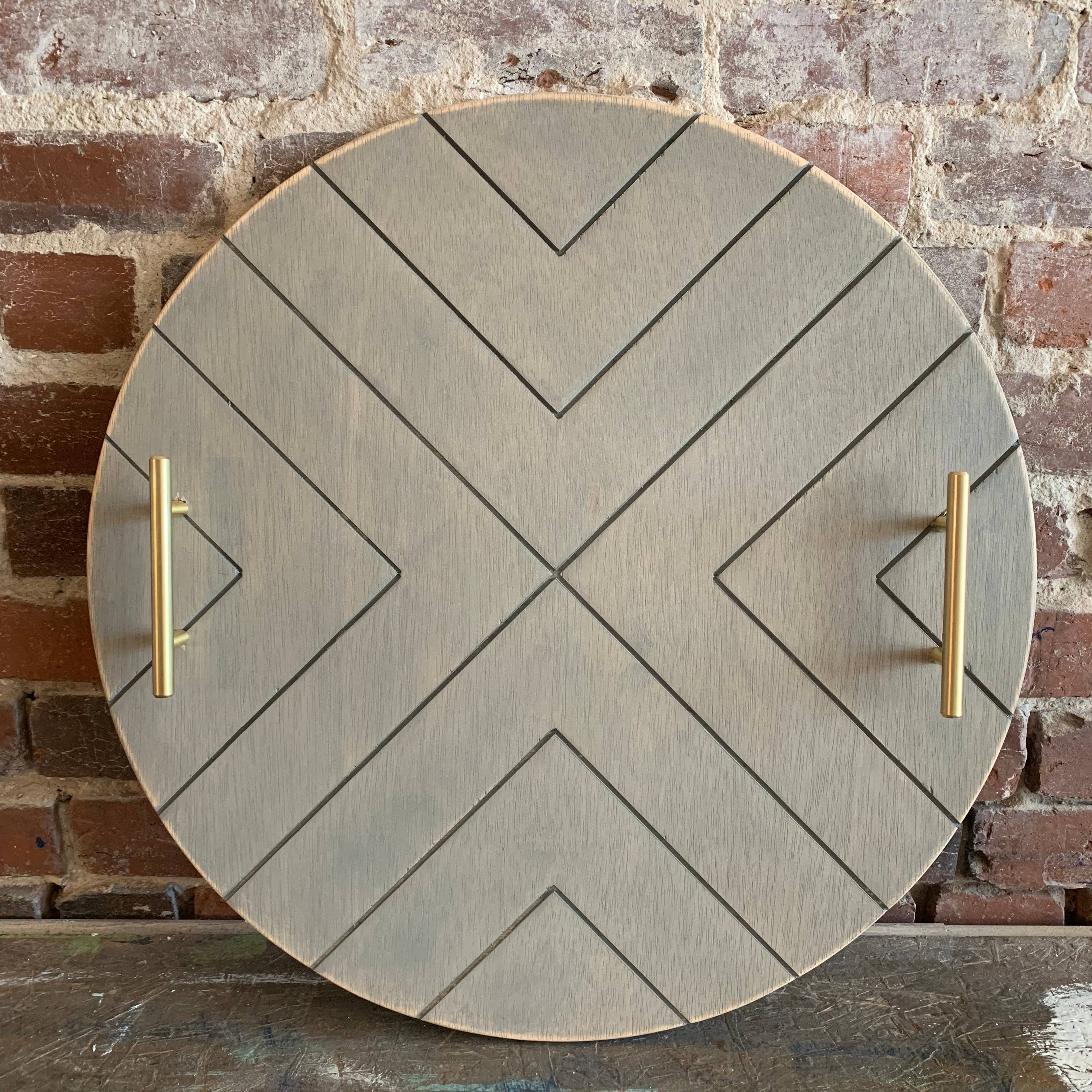 Grace Graffiti - Wholesale Serving Tray - Engraved Chevron Wooden Tray with Mod Gold Handles0