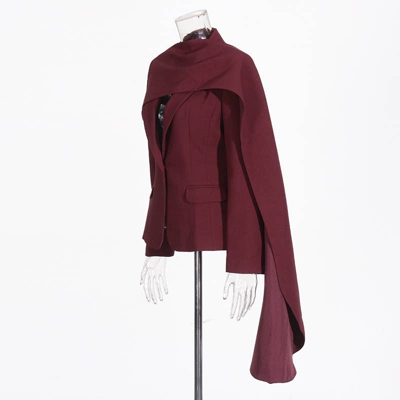 BL35Y Burgundy Cape Blazer – Tailored Fall Elegance for wholesale on Faire2