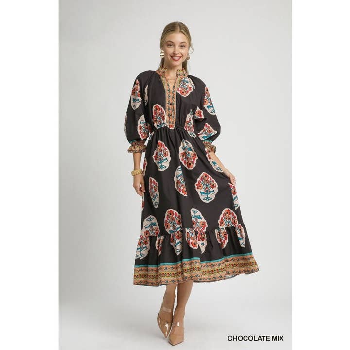 Women Boarder Print V-Neck Midi Dress for wholesale by Upmost