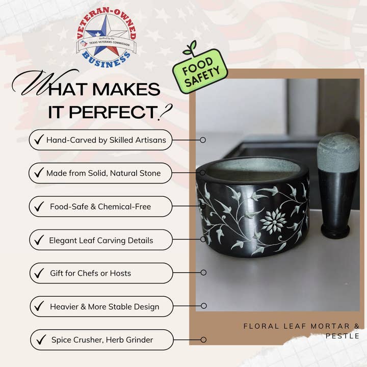 Valor Home Goods - Wholesale Mortar & Pestle - Floral Leaf Mortar & Pestle - Hand-Carved Spice Crusher5