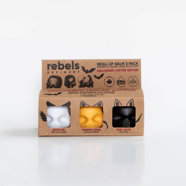 Lot de 3 baumes à lèvres Skull HALLOWEEN ÉDITION LIMITÉE 100% NATUREL pour la vente par Rebels Refinery USA