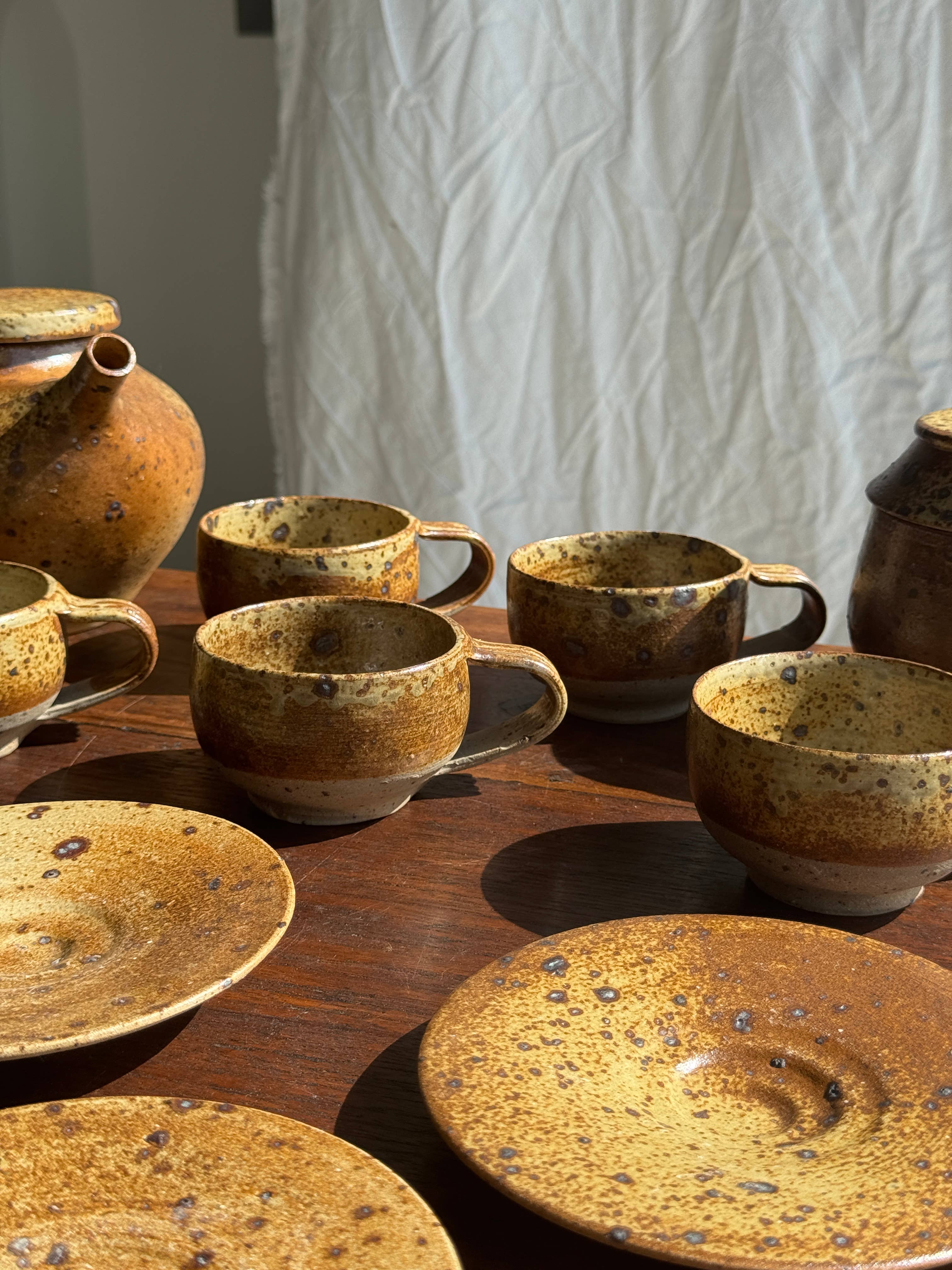 brown Small stoneware tea set with teapot, cups, sugar bowl for wholesale on Faire10