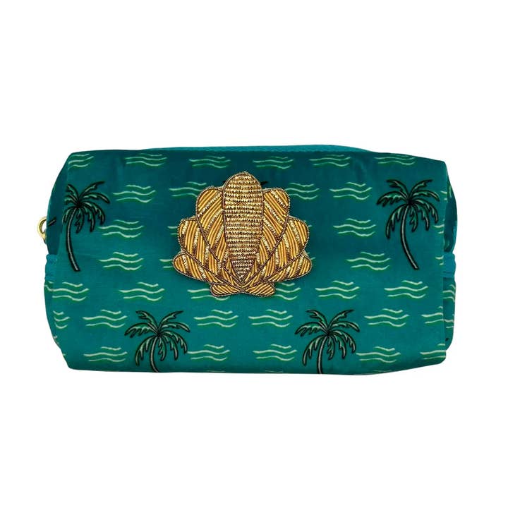 Necessaire com estampa de palmeira azul-petróleo e alfinete de concha de palmeira por atacado de Sixton London